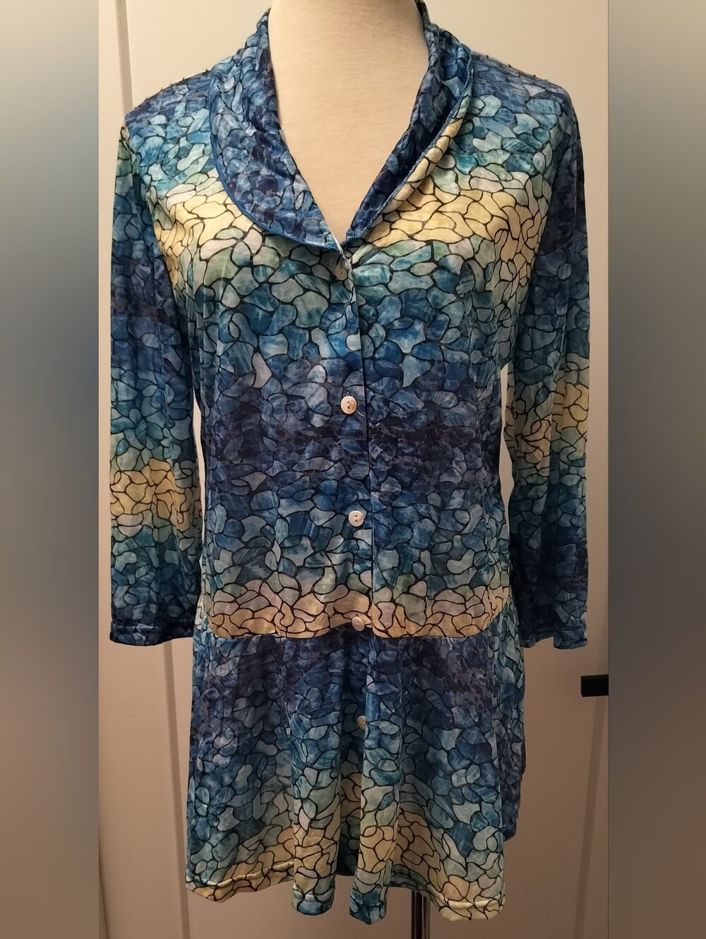 Women's Blue Mosaic Print Button-Up Tunic Shirt Size S